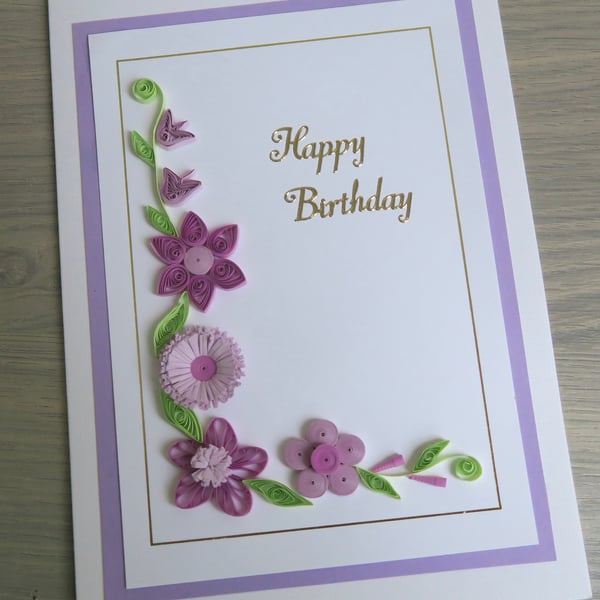 SALE - 50% off - quilled handmade birthday card in lilac and mauve