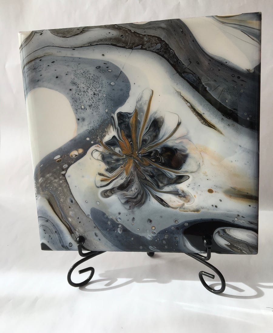 Abstract, Fluid art painting, Grey flower , 6”x6” tile, trivet, decorat