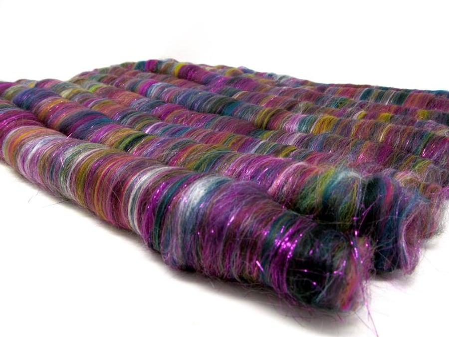 Rolags Merino Wool & Silk hand carded Peacock Sparkle 60g