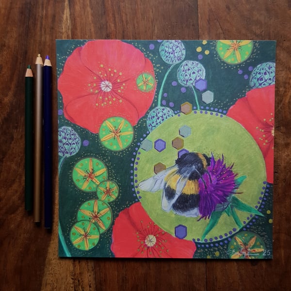 Bumblebee and wild flowers art print of original artwork
