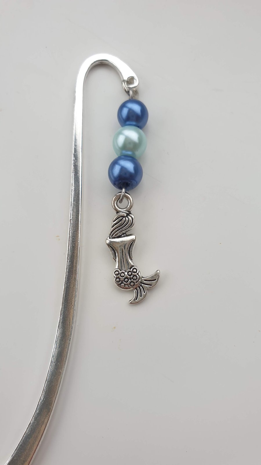 Silver-plated Metal Bookmark with Blue Beads and a Mermaid Charm