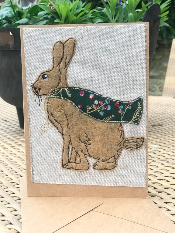 Festive Hare Christmas Card Embroidered and Appliquéd with Felt 