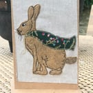 Festive Hare Christmas Card Embroidered and Appliquéd with Felt 