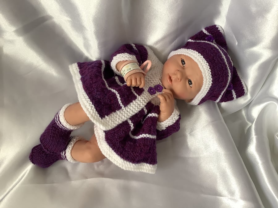 Hand knitted dolls clothes coat set for a 14” Berenguer Doll or similar 