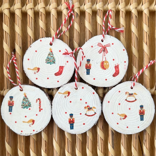 Wooden Christmas decorations - set of 5 decoupage ornaments - tree decorations