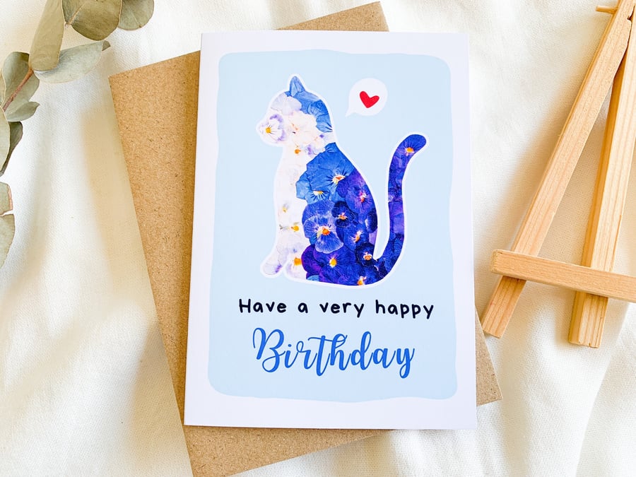 Cute Cat Birthday Card Pressed flower Cat Birthday Card Animal Birthday Card For