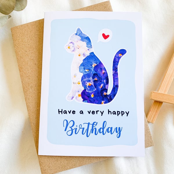 Cute Cat Birthday Card Pressed flower Cat Birthday Card Animal Birthday Card For