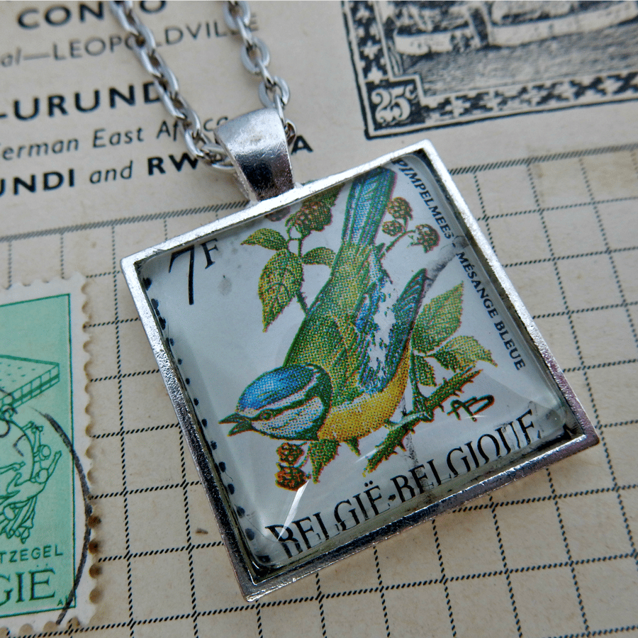 Upcycled Blue Tit bird postage stamp necklace: square, gifts for her, bird lover