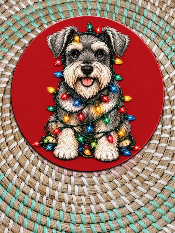Christmas Schnauzer Coaster – Festive Dog Christmas Lights – Cute Schnauzer Gift