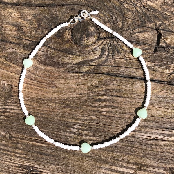 Green heart, seed bead and sterling silver anklet 