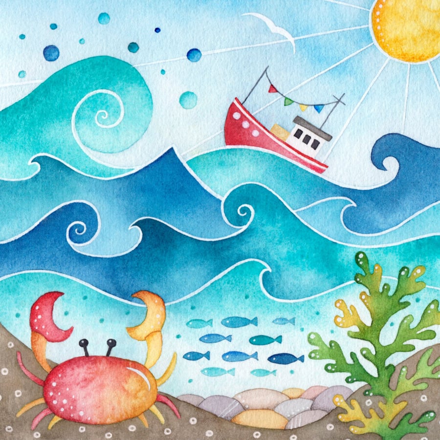 Fishing Boat and Crab Framed Print. Seaside Watercolour Painting Coastal Art.