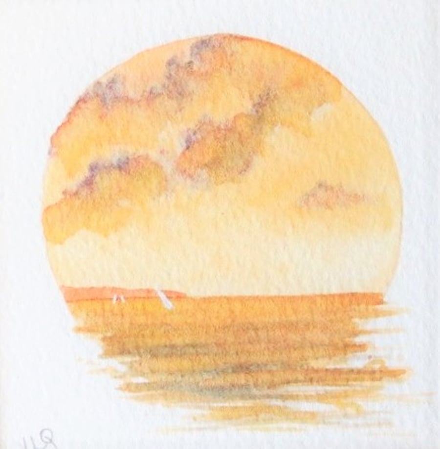 Sailing at sunset a watercolour miniature vignette original painting