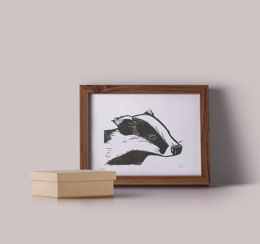 Original Badger linocut print (unframed)