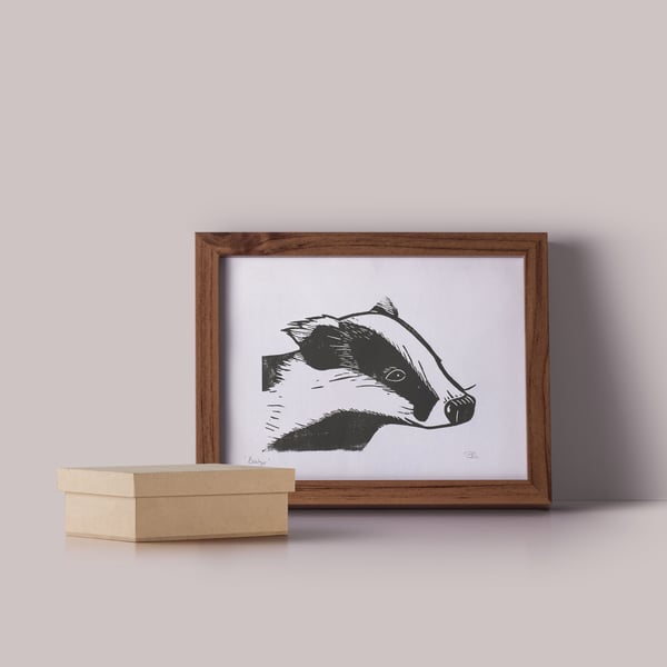 Original Badger linocut print (unframed)