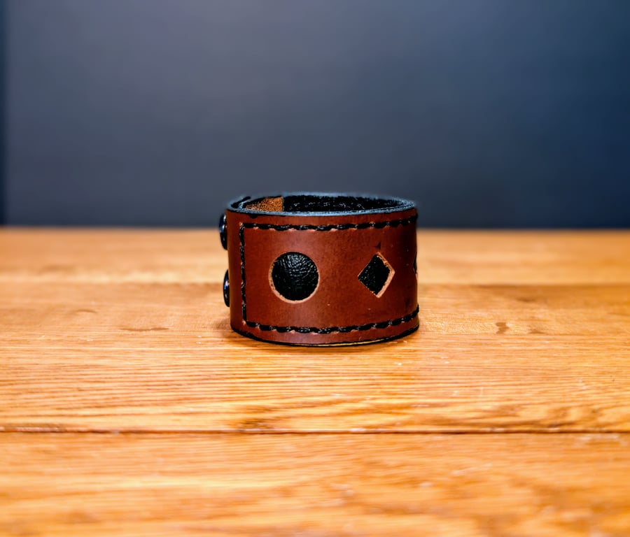 Leather Cuff - Brown and black layered cut-out design snap fasteners