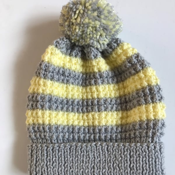 Hand knitted Baby Bobble Hat in silver and lemon to fit 9 -18 months