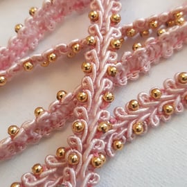 Pink and gold beaded gimp braid trim 10mm width