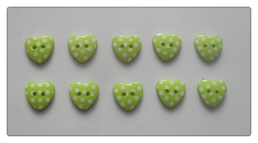 30 x 2-Hole Resin Buttons - Polka Dot - Heart - 15mm - Green