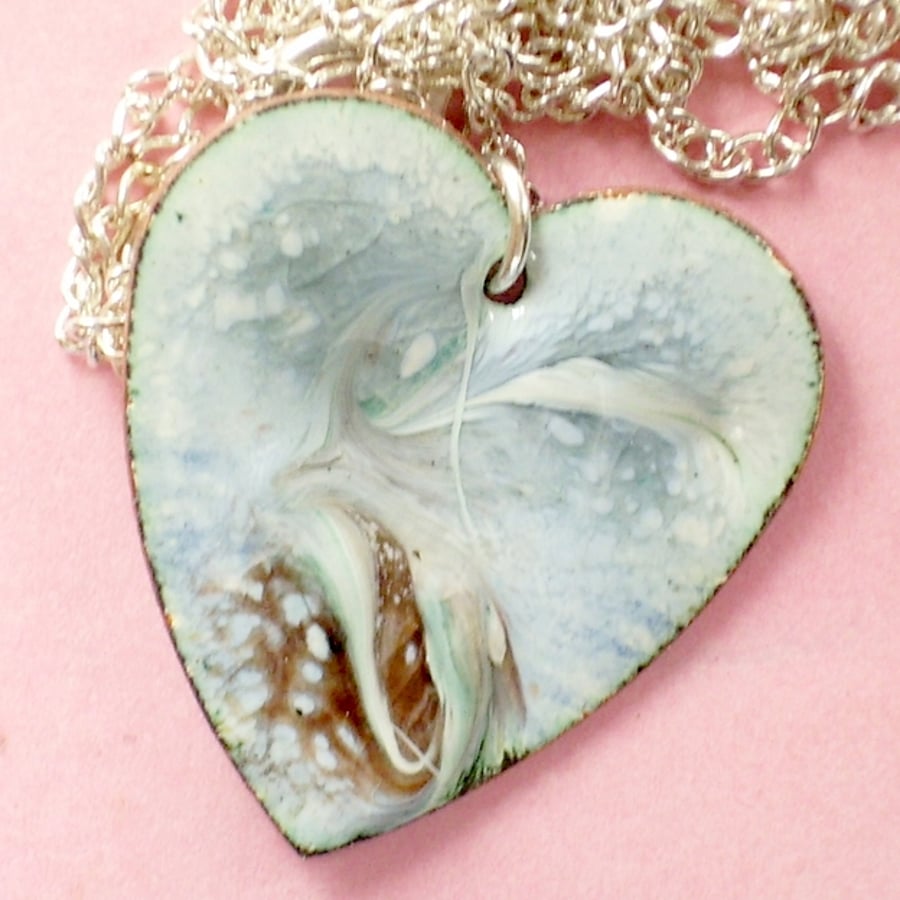 enamel pendant - heart scrolled blue, grey and red over white