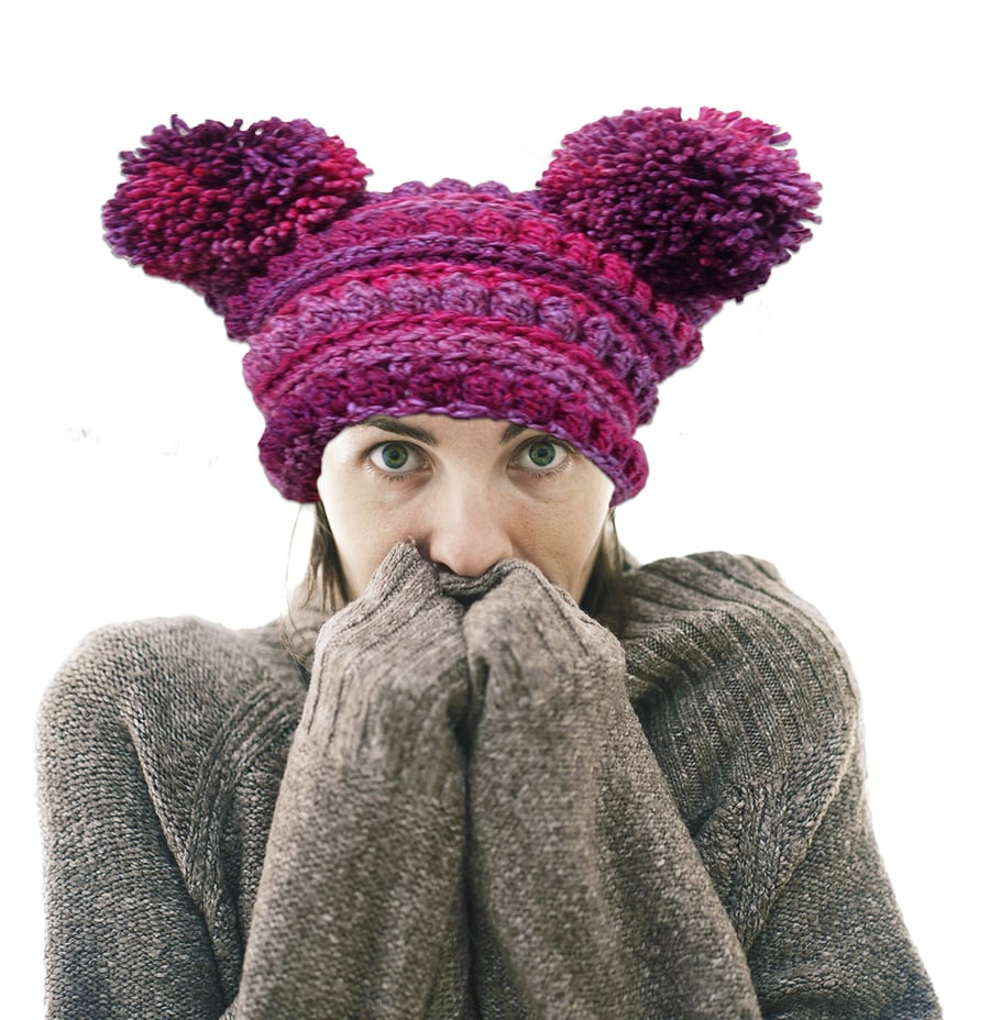 Double Pom Pom Beanie Hat Hand Crochet Quirky Gift Festival Hat Pink