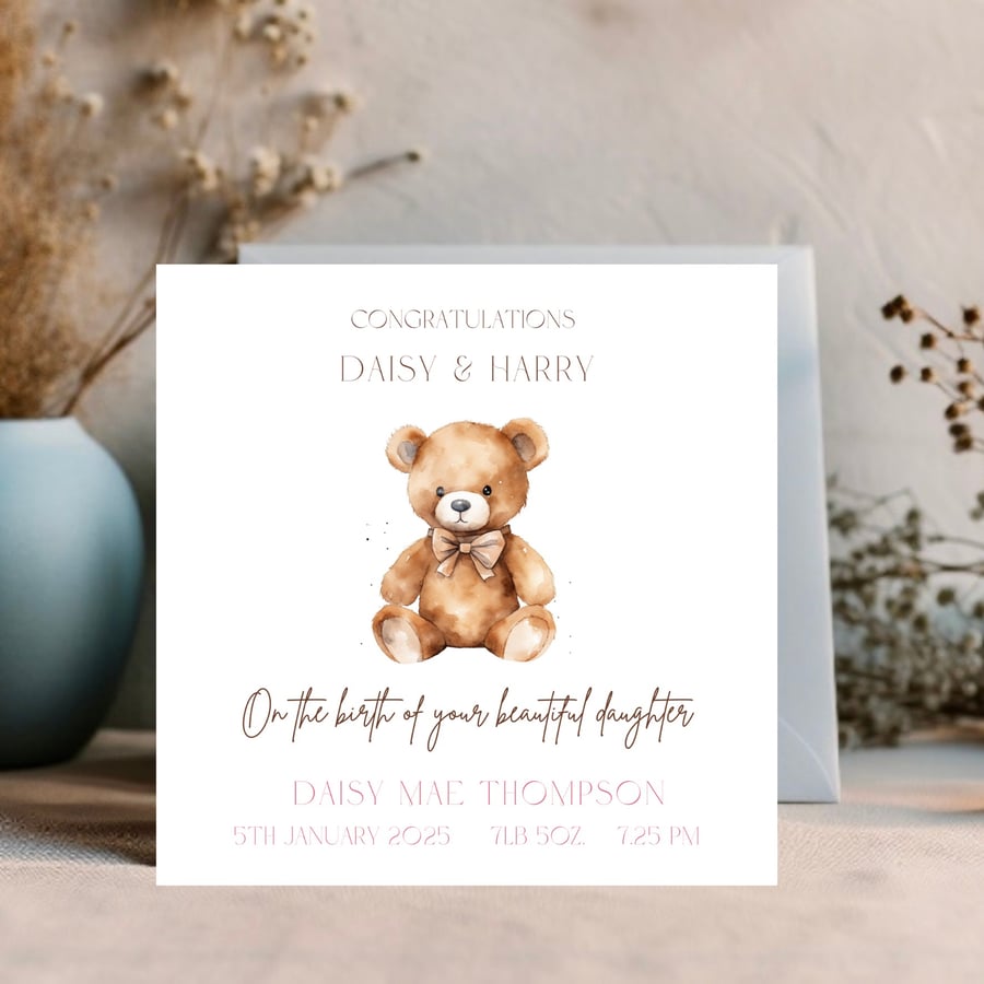 Teddy bear card for new baby girl - new baby girl card