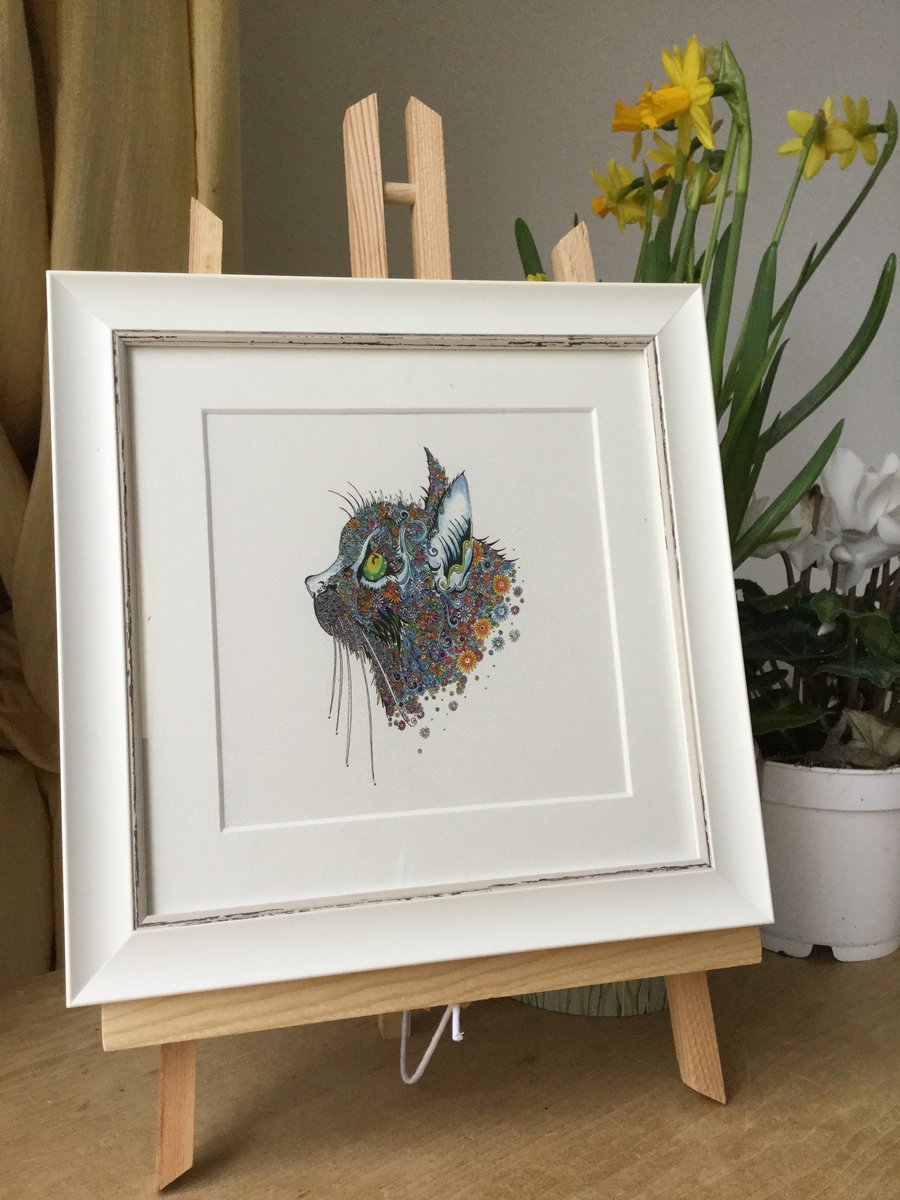Blue cat framed, signed artwork print 9.5 x 9.5”