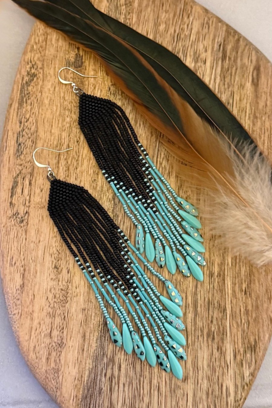Turquoise blue and black beadwork fringe earrings with Czech glass daggers