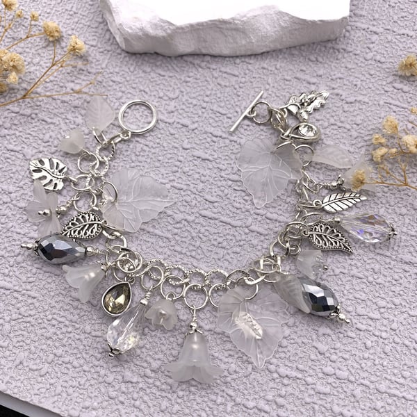 Silver White Leaf and Glass Charm Bracelet