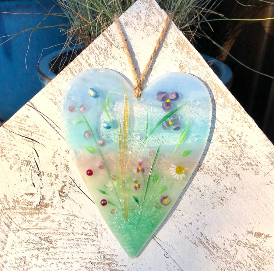Glass Meadow Heart with Delicate Pink & Lilac Flowers