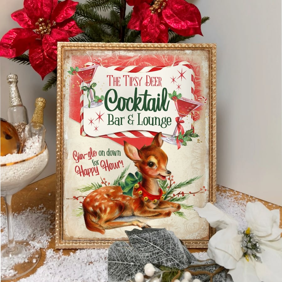 Retro 1950s Style Christmas Cocktail Sign Print - Festive Deer, Home Bar Picture