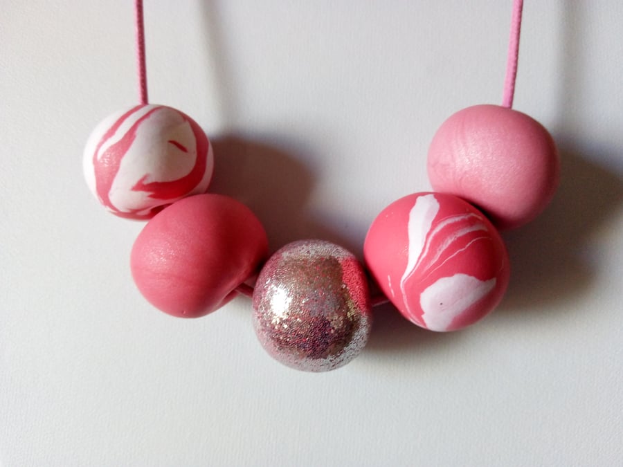 PINK AND GLITTER POLYMER CLAY NECKLACE - HOLIDAY JEWELLERY -  FREE SHIPPING