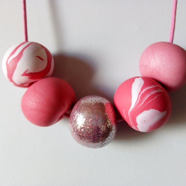 PINK AND GLITTER POLYMER CLAY NECKLACE - HOLIDAY JEWELLERY -  FREE SHIPPING