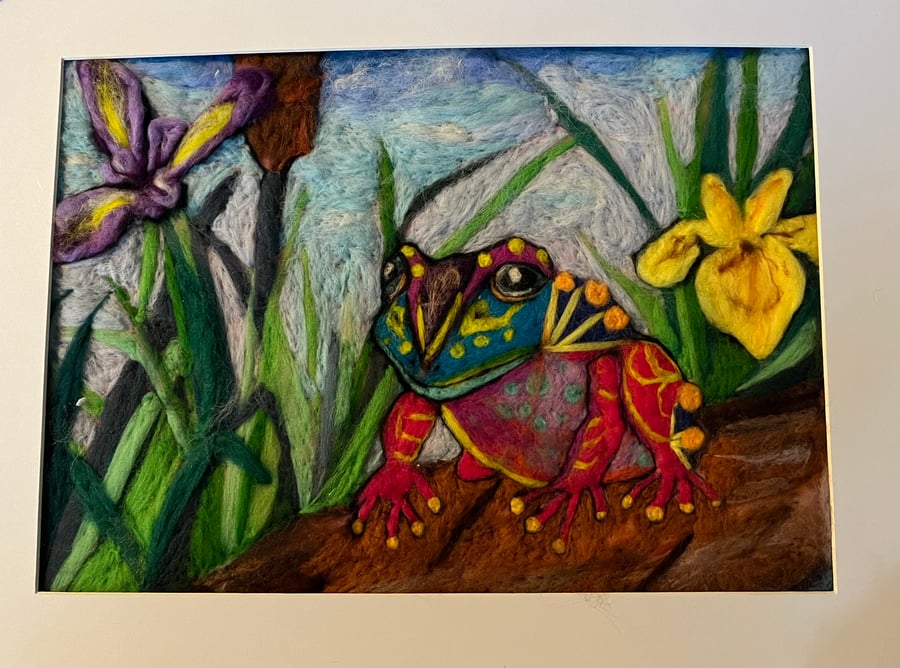 Multicoloured Frog and Iris Wool Painting needle felt wall art