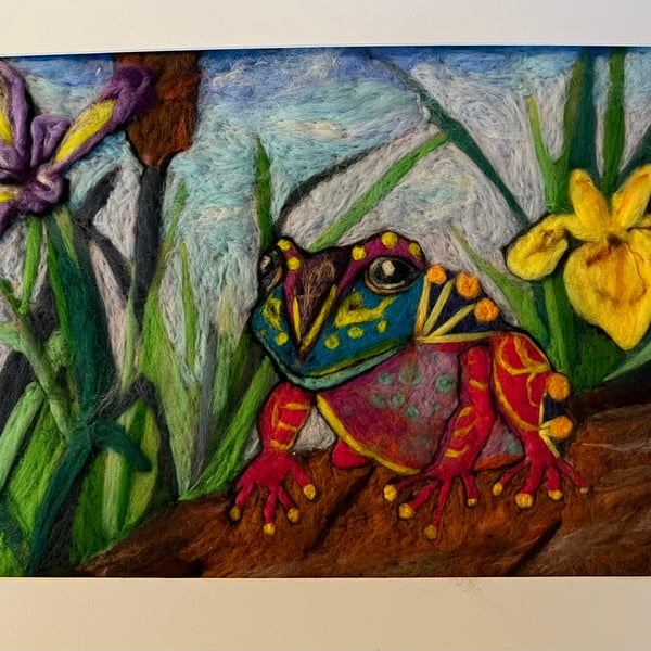 Multicoloured Frog and Iris Wool Painting needle felt wall art