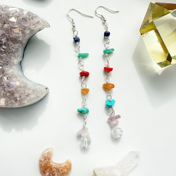 Crystal chakra dangle earrings Rainbow Quartz Lapis Lazuli Carnelian Turquoise