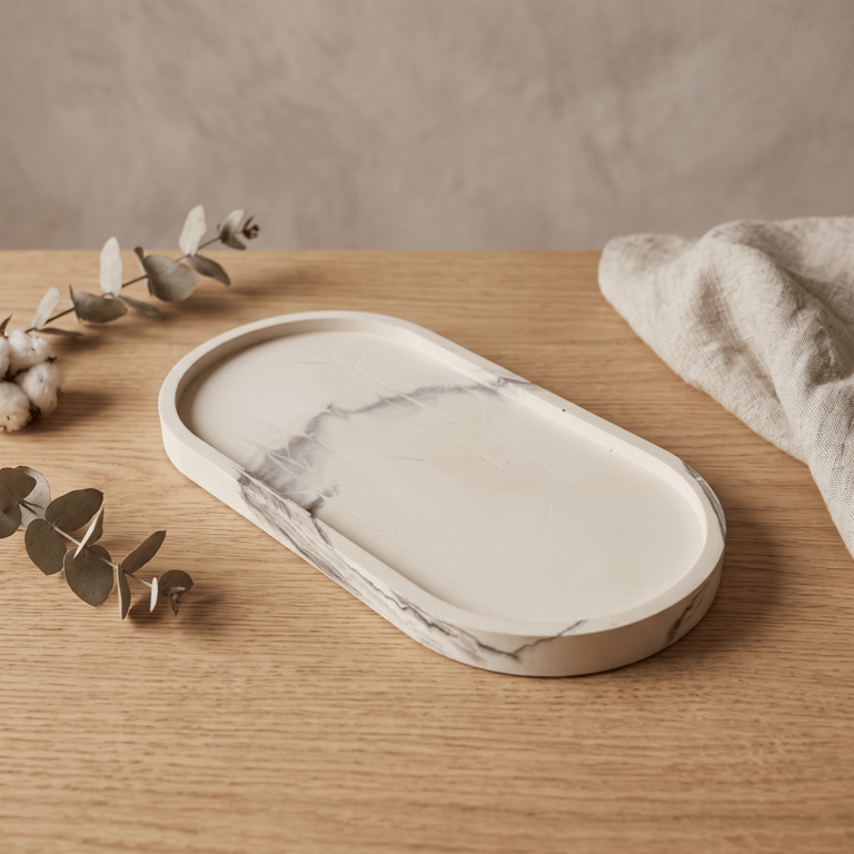 Large White and Grey Marbled Oval Decorative Tray for Jewellery and Diffusers