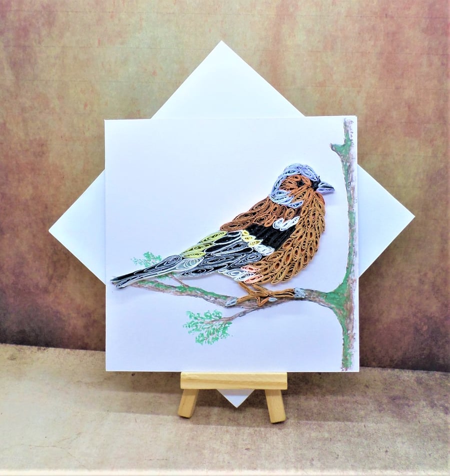 Attractive quilled Chaffinch on a hand painted branch open card