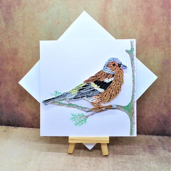 Attractive quilled Chaffinch on a hand painted branch open card