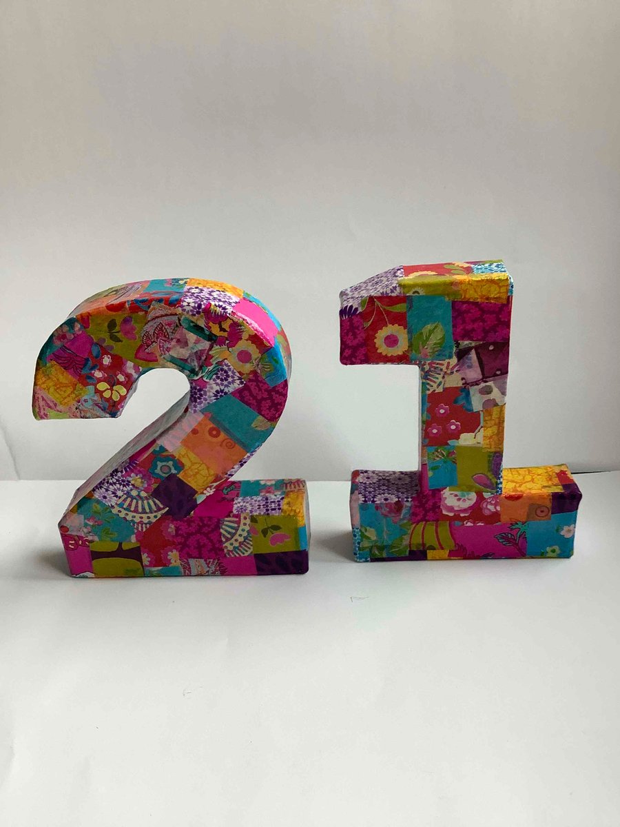 21 in colourful pretty decopatched numbers