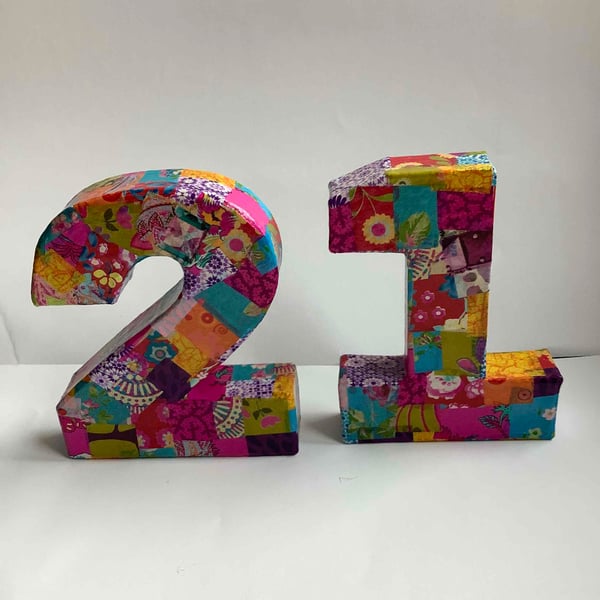 21 in colourful pretty decopatched numbers