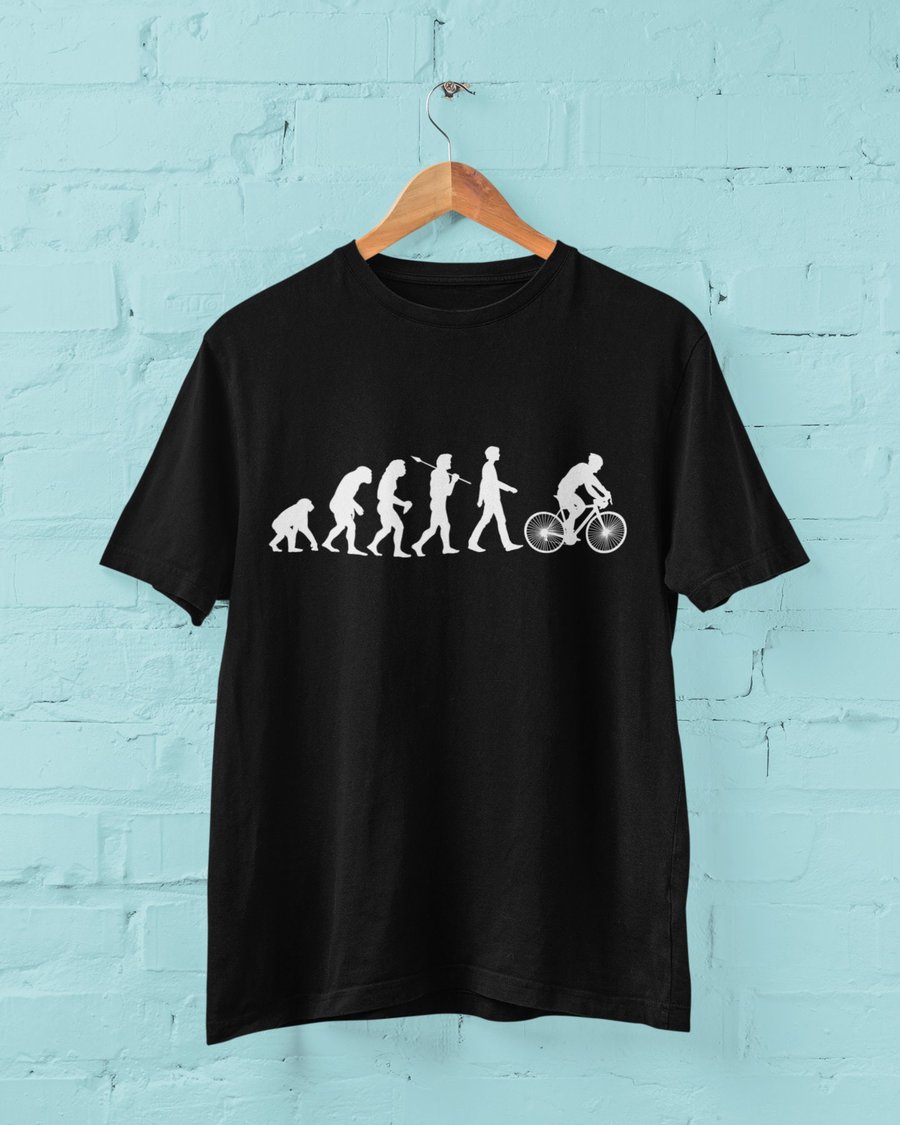 Evolution Of Cycling T Shirt from ape through prehistoric man to modern man