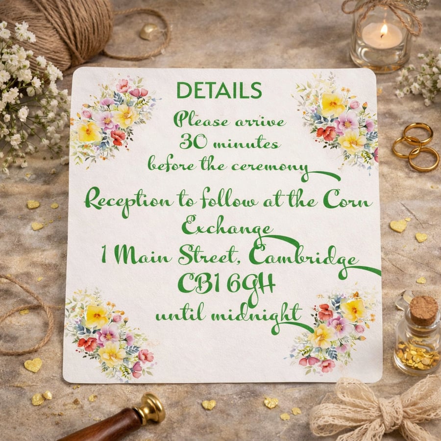 Floral Wedding Details Card. Romantic Wedding Reception Information