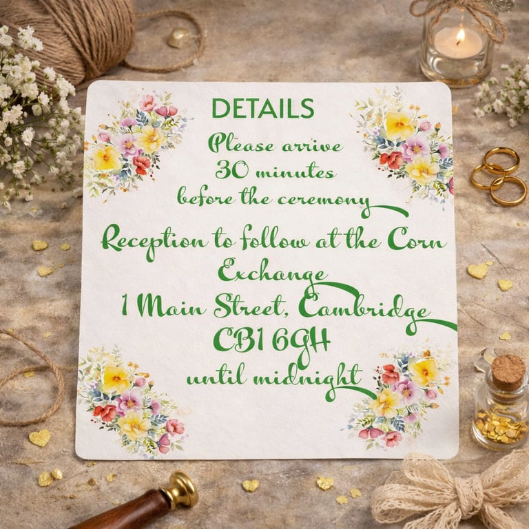 Floral Wedding Details Card. Romantic Wedding Reception Information