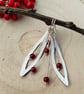 Large Sterling Silver Leaf Print Earrings, with Red Agate Gemstones on Hookwires - Image 2