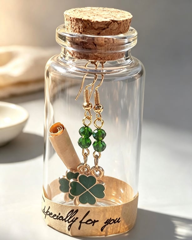 Handmade 4 Leaf Clover & Crystal Earrings in a Bottle.