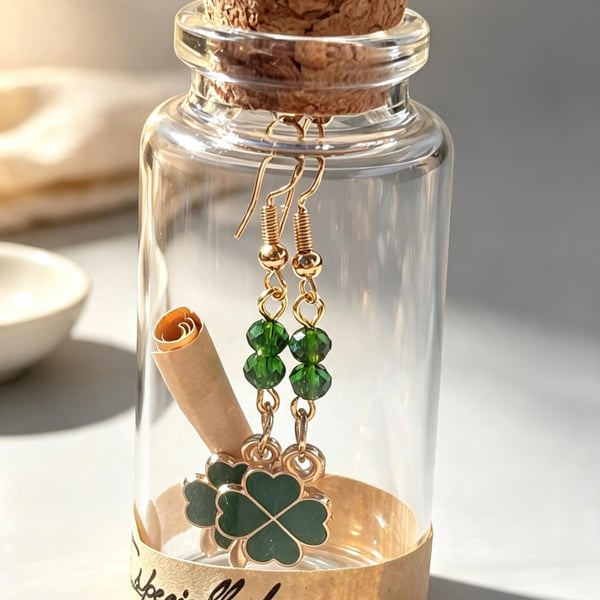 Handmade 4 Leaf Clover & Crystal Earrings in a Bottle.