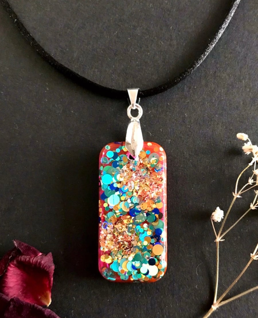 Handmade Sparkle Blue and Gold Flake Iridescent Pink Pendant Necklace