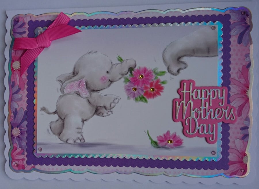 Happy Mother's Day Card Baby Elephant Flowers Bouquet 3D Luxury Handmade Card