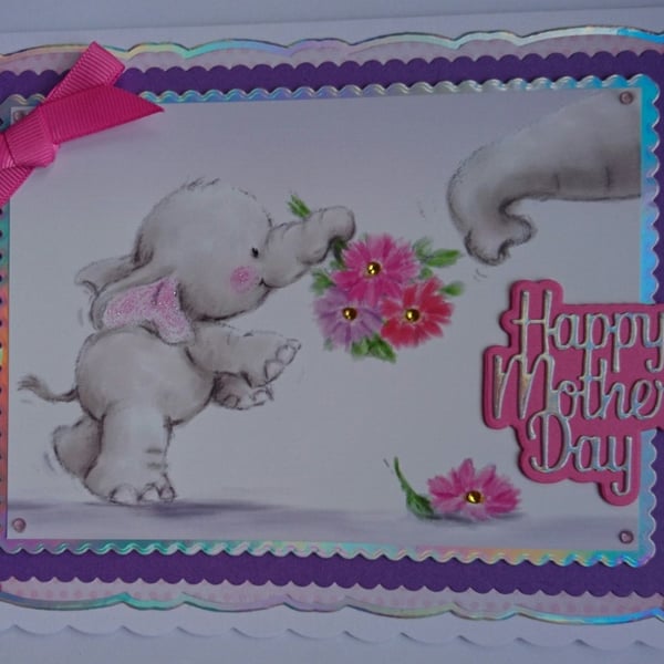 Happy Mother's Day Card Baby Elephant Flowers Bouquet 3D Luxury Handmade Card