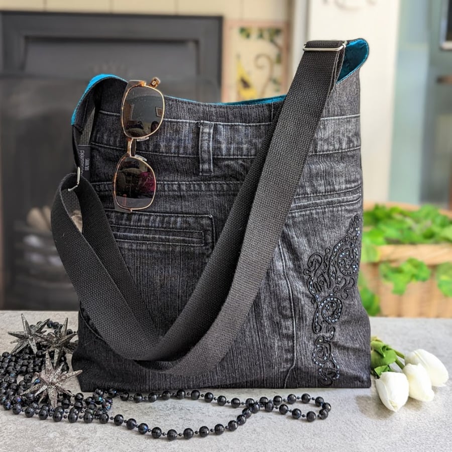 Black Denim Bucket Bag with Silk Lining and Beaded Pocket Detail